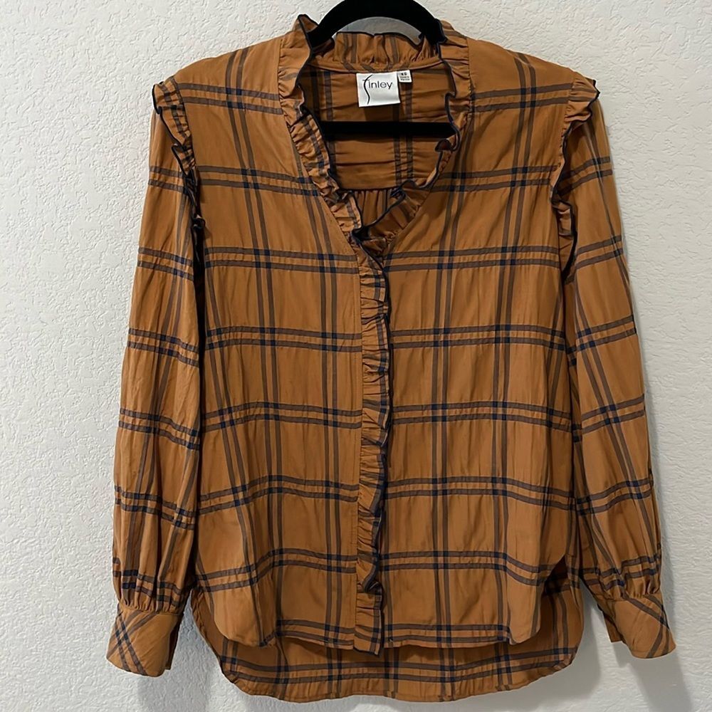 FINLEY Byrdee Long Sleeve Blouse Vicuna Pucker Plaid, Size XS - Picture 2 of 11